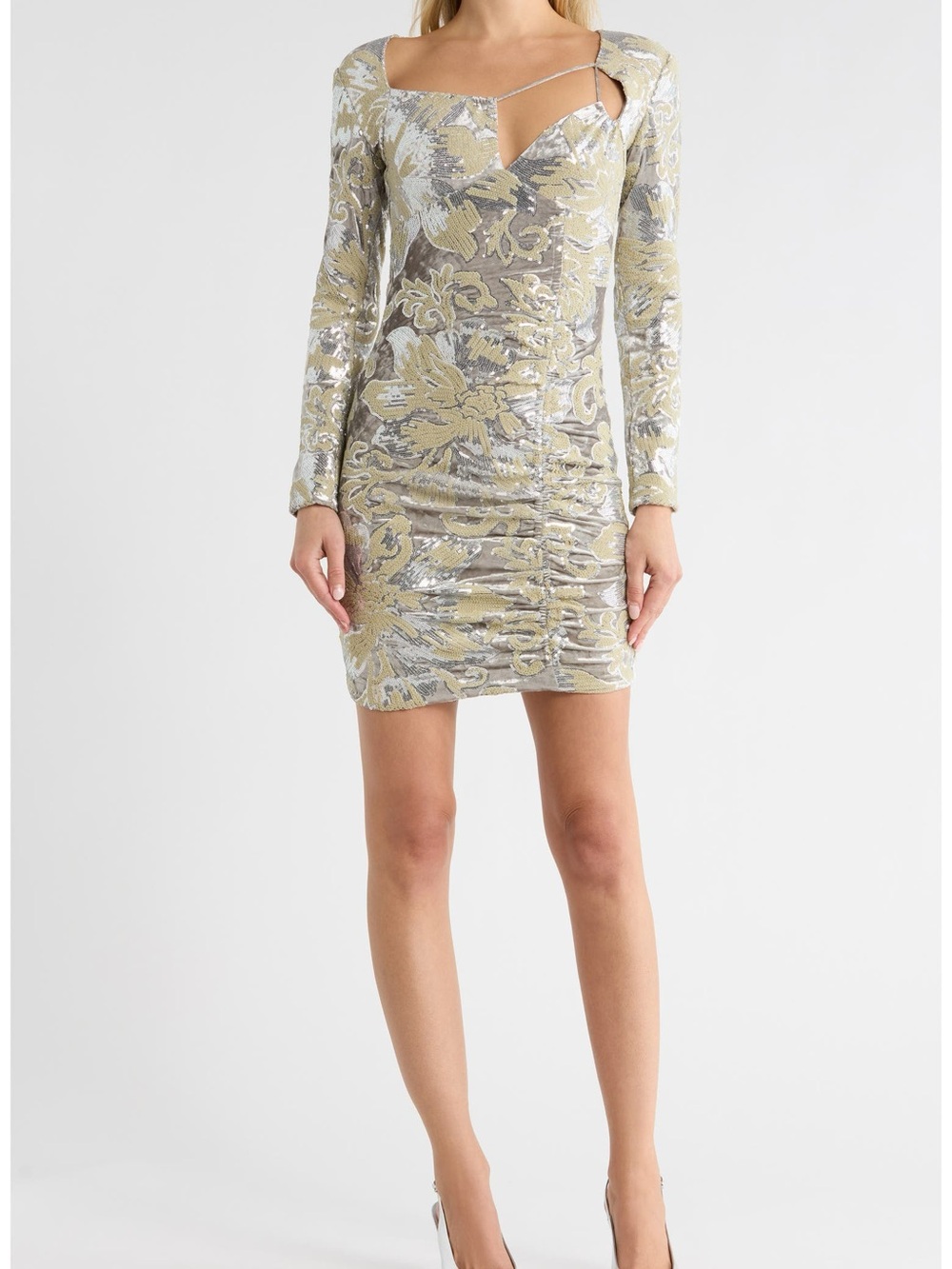 MAJE Raneli Metallic Sequin Velvet Long Sleeve Mini Dress Argent 36